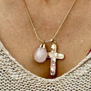Pink and golden cross and stone necklace!